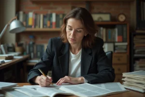 Journaliste indépendante analysant des documents dans une petite salle de rédaction alternative avec journaux et notes manuscrites