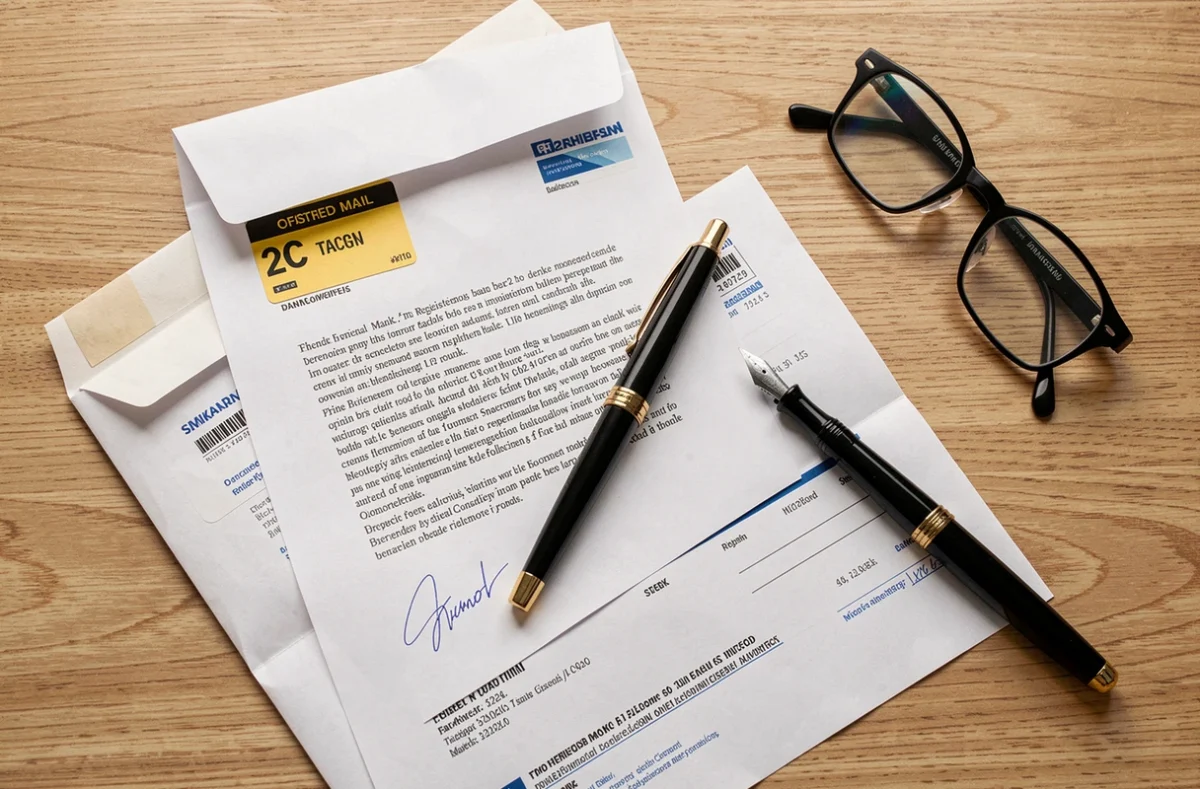 Vue en plongée d'une lettre recommandée 2C ouverte d'une banque posée sur un bureau en bois avec un stylo et des documents financiers