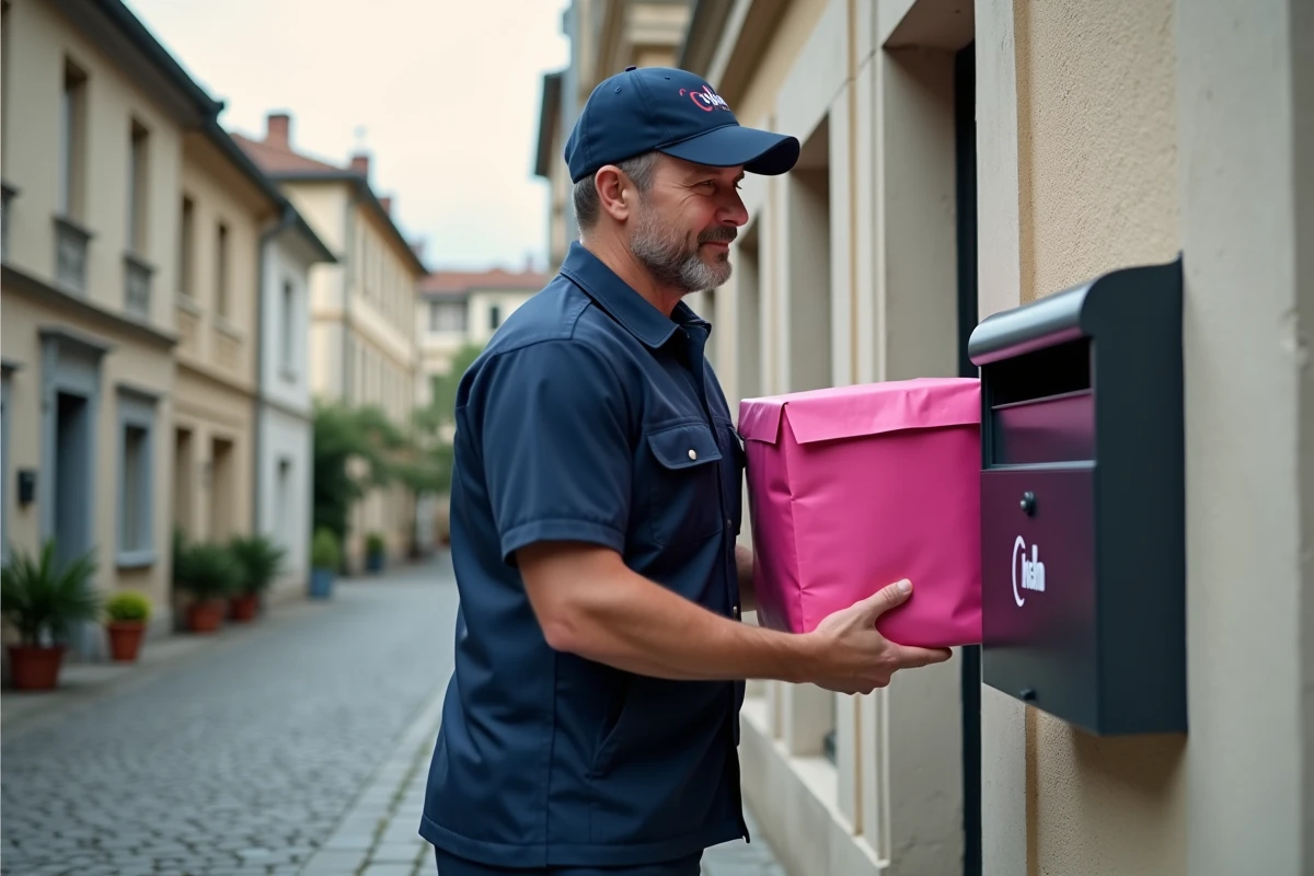 Livreur déposant un colis Shein dans une boîte aux lettres devant une maison en France