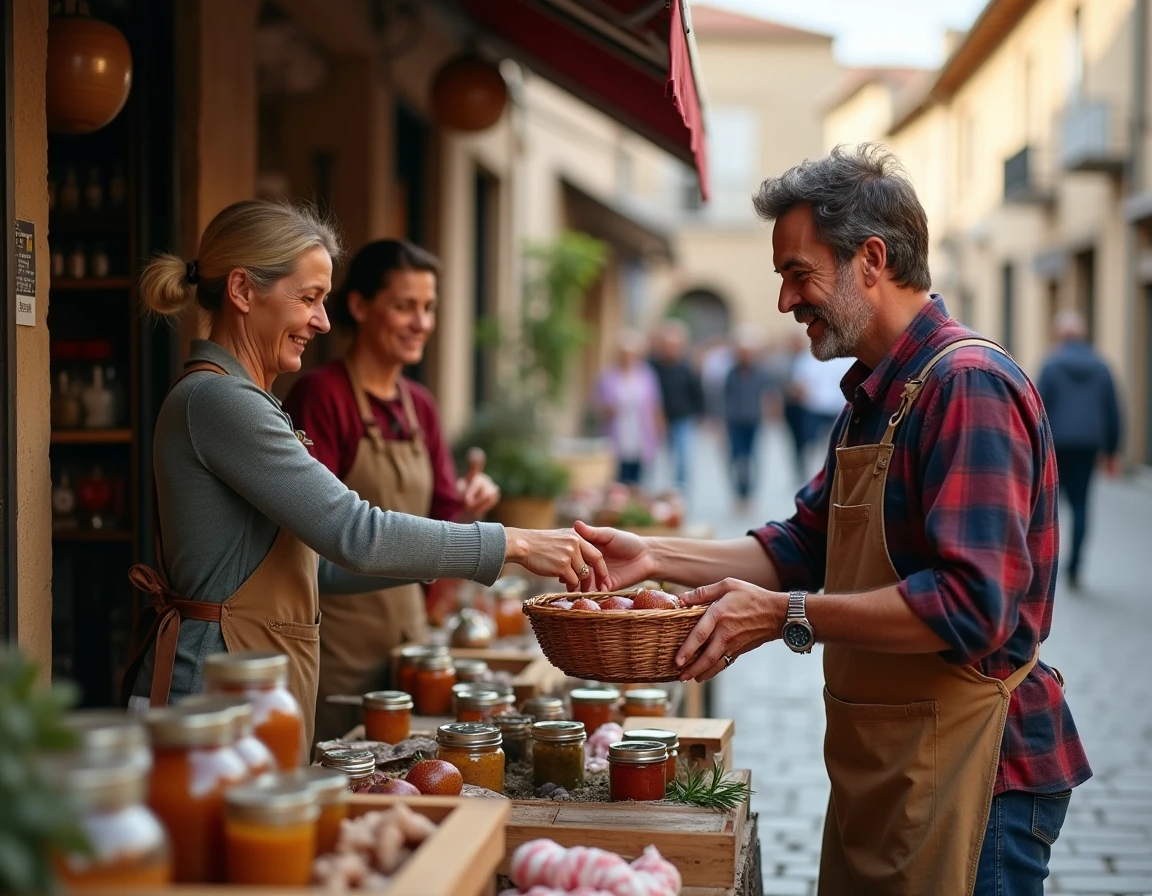 Marché de quartier avec échanges de produits artisanaux locaux illustrant l'économie participative de proximité