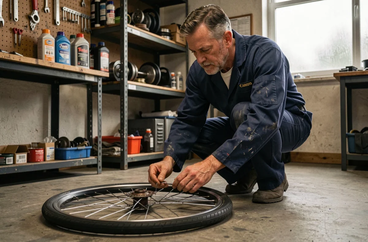 Mécanicien expert examinant les rayons d'une roue de vélo démontée dans un atelier de réparation