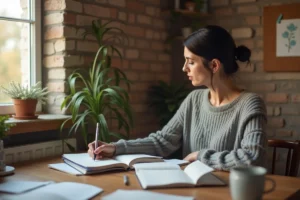 Femme pensive assise à une table en bois avec des notes manuscrites, réfléchissant à la vie de ses enfants dans un intérieur familial chaleureux