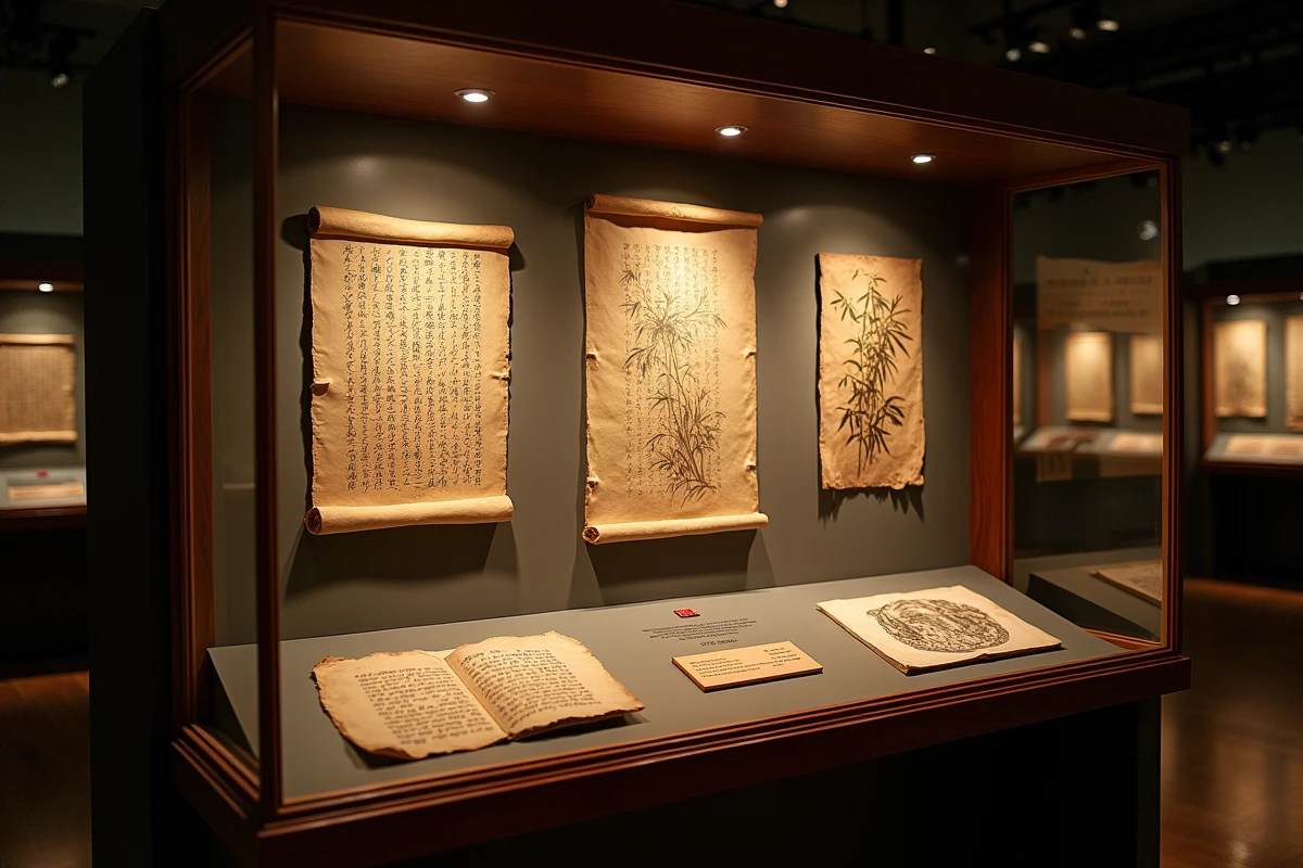 Vitrine de musée présentant des documents historiques et illustrations liés aux méthodes de torture par le bambou