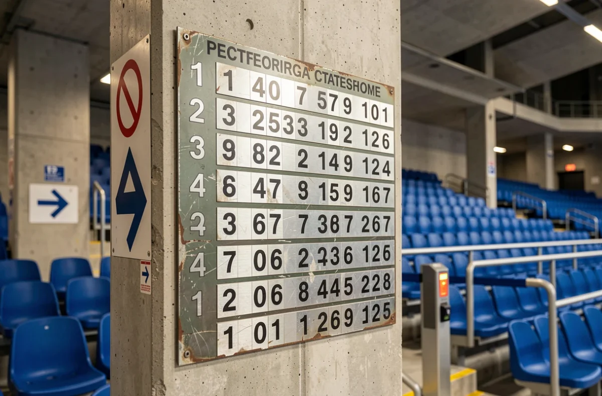 Panneau de signalisation des catégories et numéros de places dans un stade de football avec sièges en arrière-plan flou