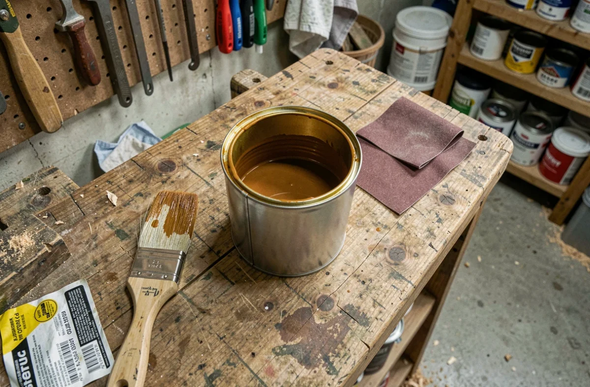 Pot de lasure bois Parkside Lidl ouvert sur un établi de bricolage avec pinceau et accessoires, comparaison de produits