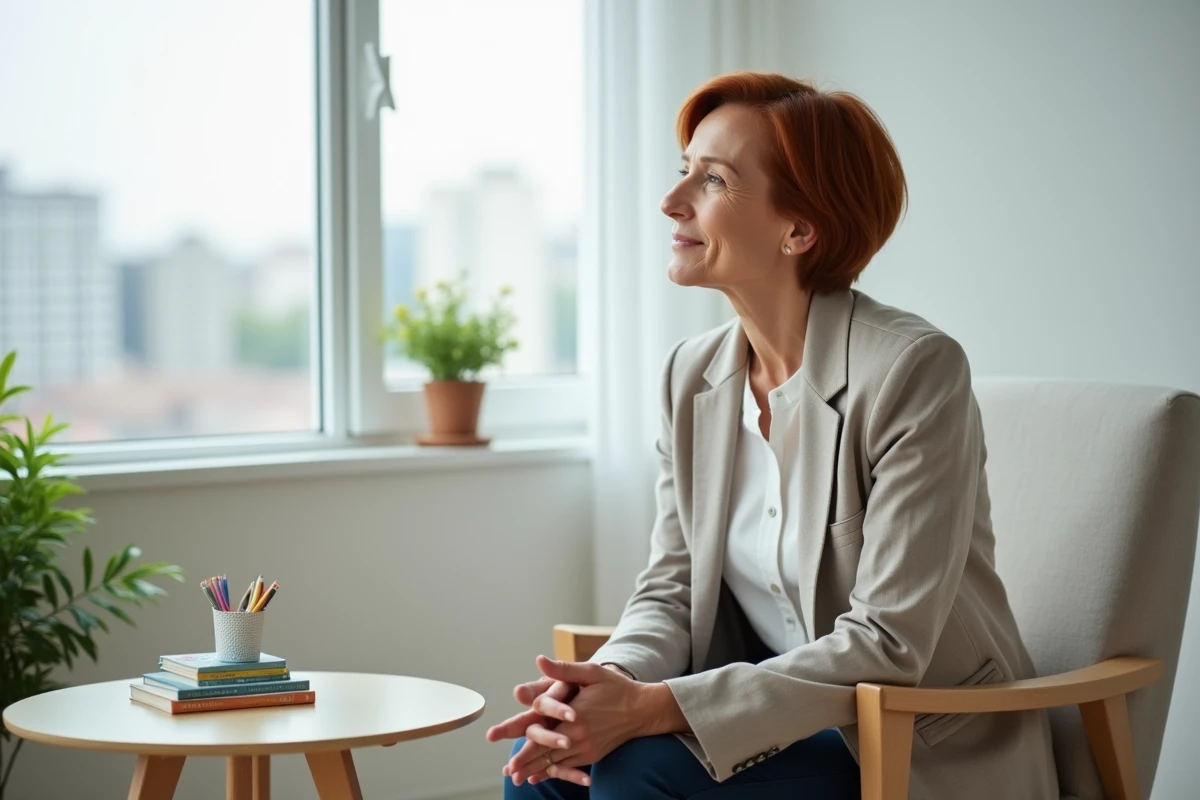 Professionnelle de l'enfance à l'écoute dans un bureau de consultation minimaliste, symbolisant l'accompagnement et la compréhension du développement des enfants