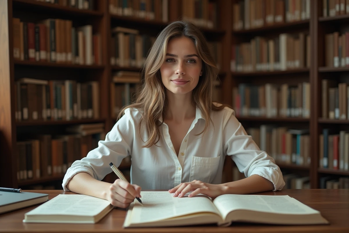 Jeune femme consultant des annuaires dans une bibliothèque publique pour retrouver une adresse