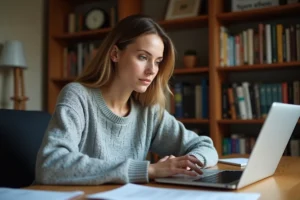 Femme recherchant une adresse sur un ordinateur portable dans un bureau à domicile