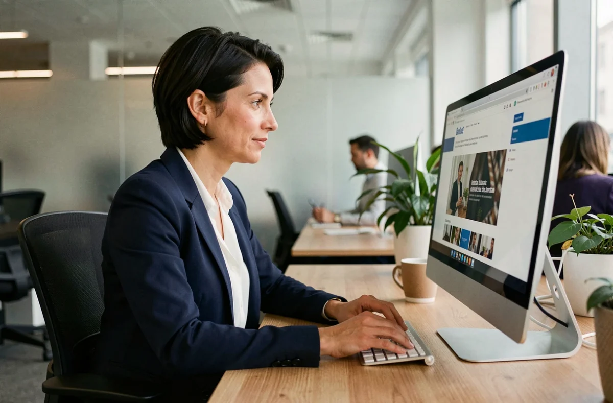 Responsable de comité d'entreprise consultant le site web personnalisé de son CE sur un écran d'ordinateur au bureau