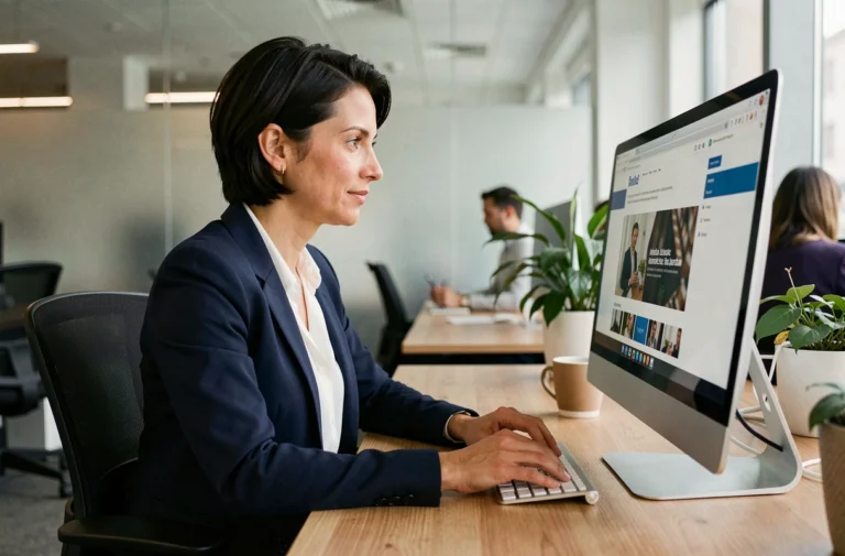 Responsable de comité d'entreprise consultant le site web personnalisé de son CE sur un écran d'ordinateur au bureau
