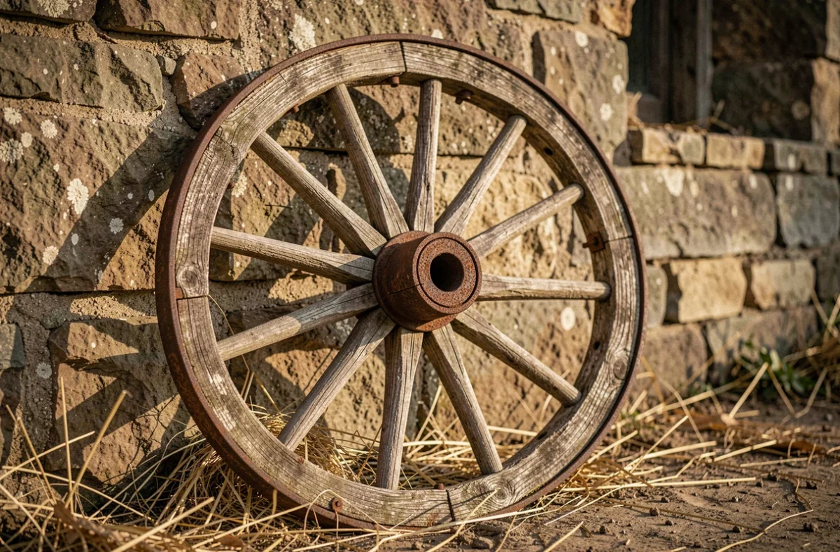 Roue en bois ancienne à rayons appuyée contre un mur de pierre d'une grange rurale