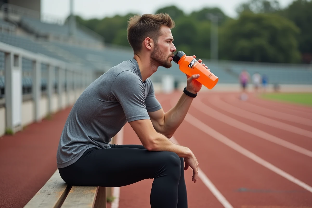 Runner masculin buvant du Powerade sur le bord d'une piste d'athlétisme pendant une pause d'entraînement