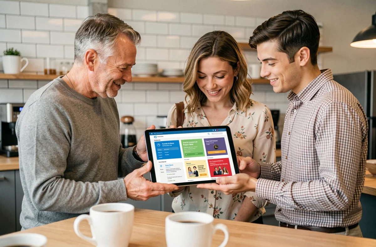 Groupe de salariés découvrant ensemble le portail en ligne de leur comité d'entreprise sur une tablette en salle de pause