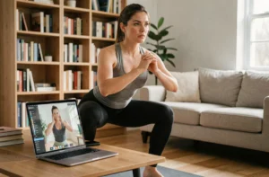 Femme faisant des squats chez elle devant un coach sportif en ligne sur ordinateur portable
