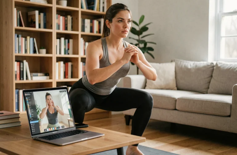 Femme faisant des squats chez elle devant un coach sportif en ligne sur ordinateur portable