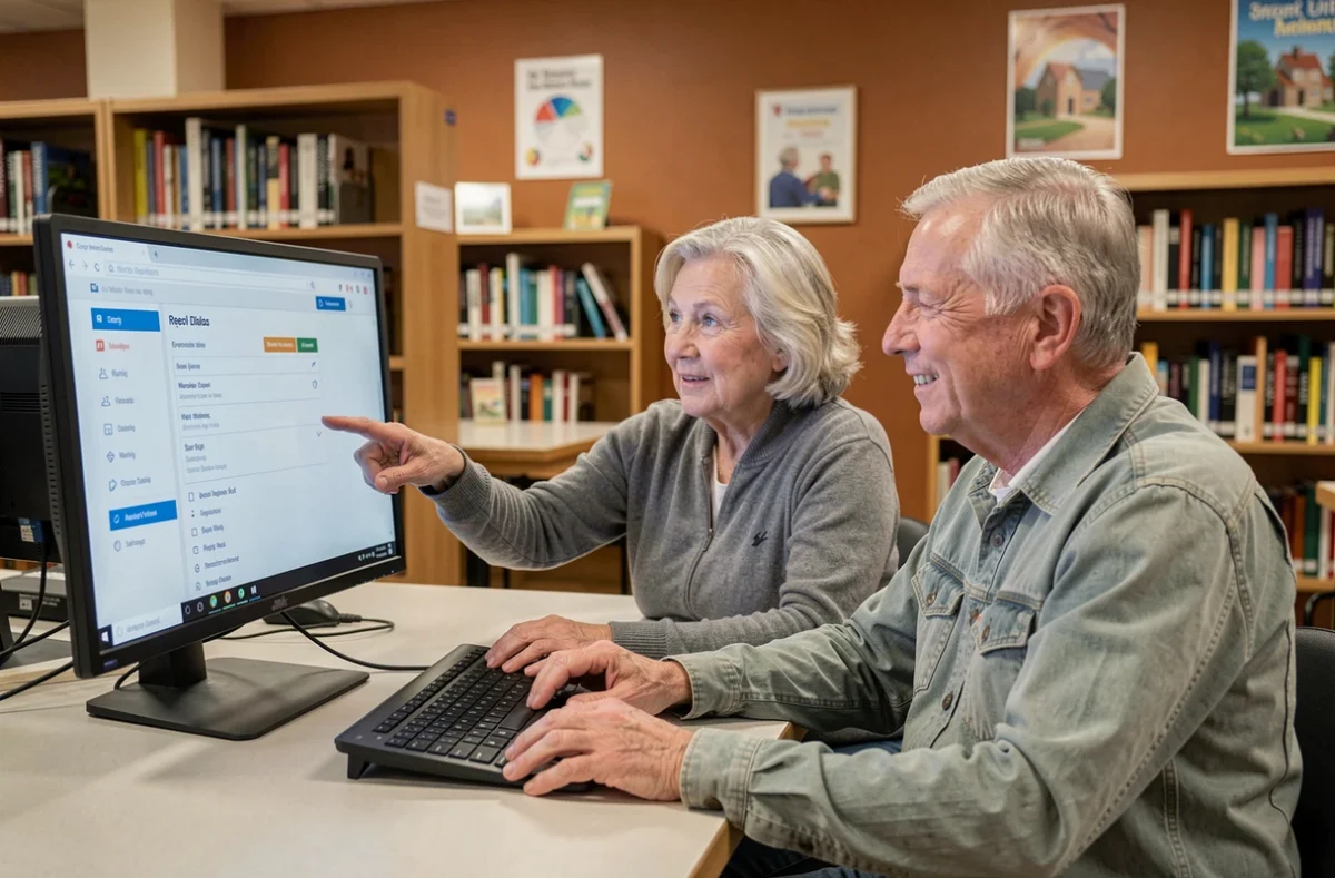 Deux seniors découvrant ensemble le plan de navigation d'un site internet adapté à leur âge dans une bibliothèque communautaire