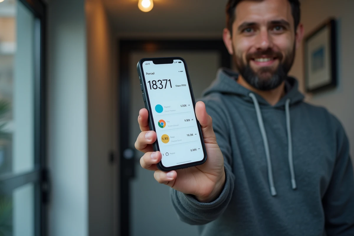 Homme consultant le suivi de colis Shein sur son smartphone dans un couloir d'appartement