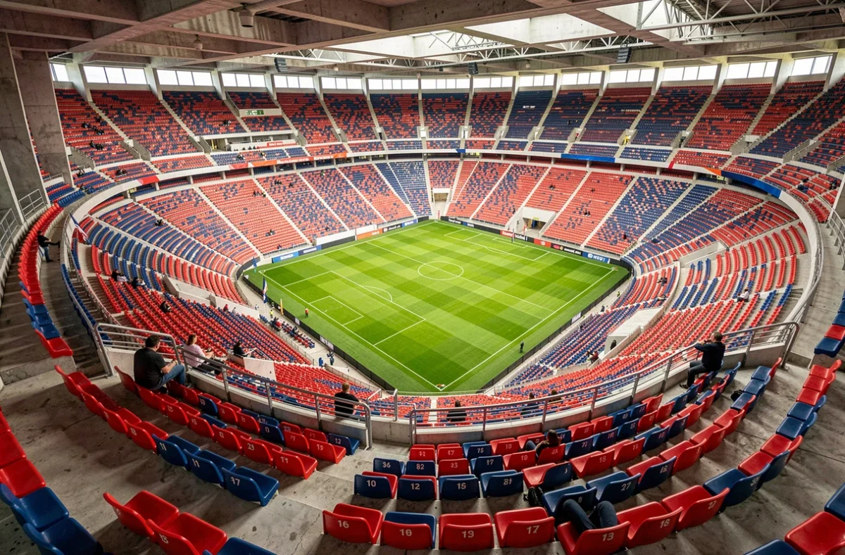 Vue panoramique de l'intérieur du Stade de France avec ses rangées de sièges colorés répartis en plusieurs catégories de places